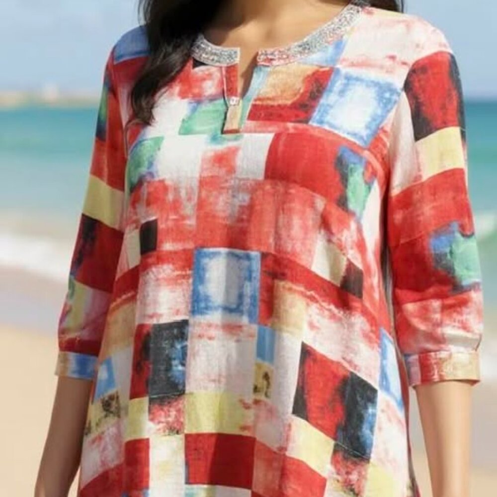 DKNY Patchwork Beach Coverup. SZ XL.‎  3/4 Sleeves. Pearl Encrusted Neckline.